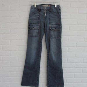Very Rare 90s Guess Button Fly Cargo Pocket Sandblasted  Medium Wash Flare Jeans